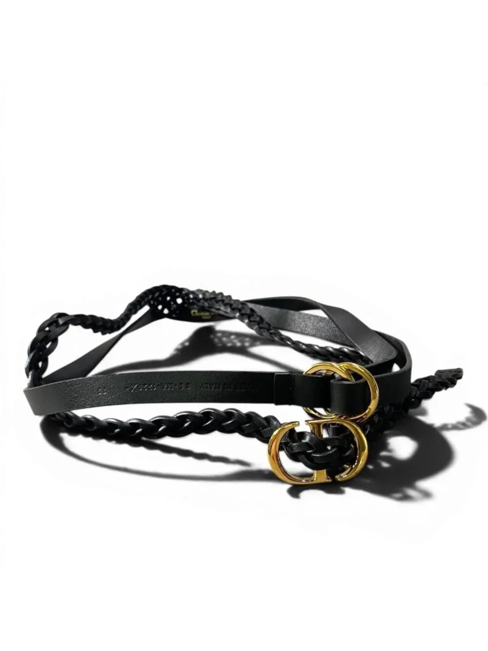 Dior CD Logo Buckle Double Strap Belt 75 Black Gold Leather
